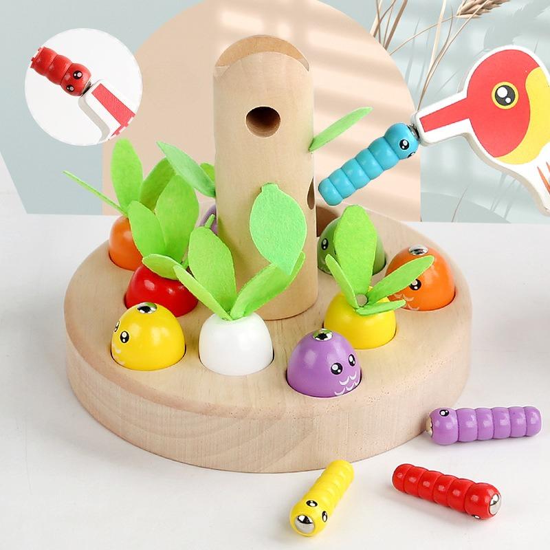 Wooden children's desktop educational toys children parent-child interaction fun woodpecker catching insects magnetic fishing pulling radish