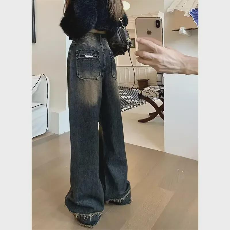 Женские джинсы с высокой талией и потертостями в стиле ретро — осень/зима, большие размеры, длина до пола