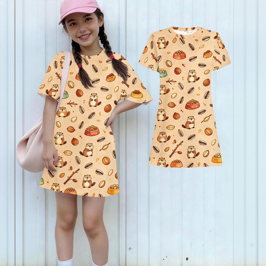 Girls Loose Fit Short Sleeve Dress Lightweight Summer Dress with Animal Print Round Neck Casual Kids Dress for Daily Wear