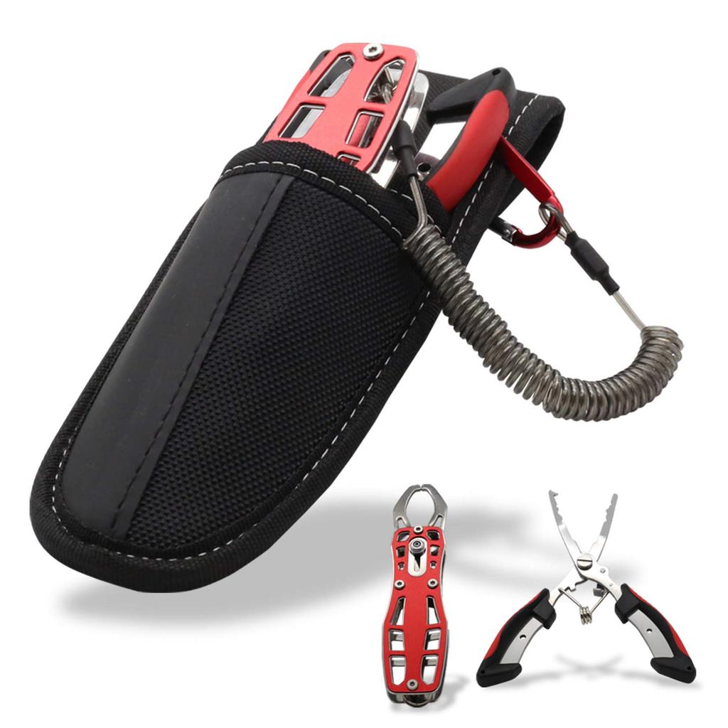 OUTIVE-88 Захват для рыбы, Рыболовные плоскогубцы, Спиральный шнур и Оригинальный двухъярусный кейс (Набор из 4) (красный)