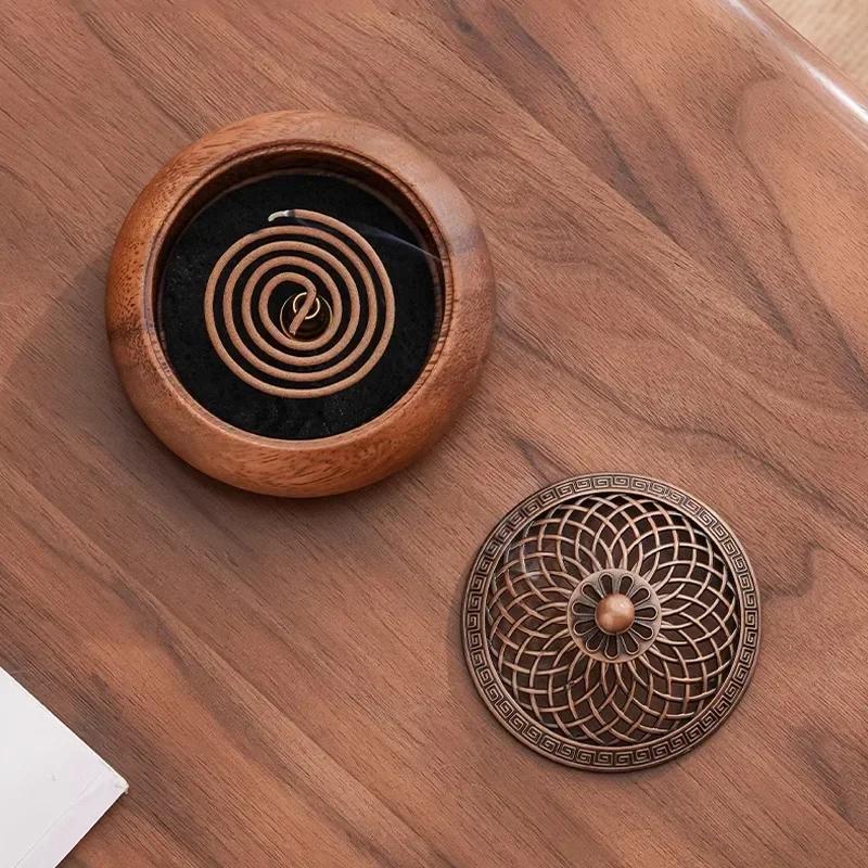 High-grade Wooden Incense Burner Household Indoor Aromatherapy Alloy Disc Incense Burner Tea Ceremony Ornaments Home Decoration