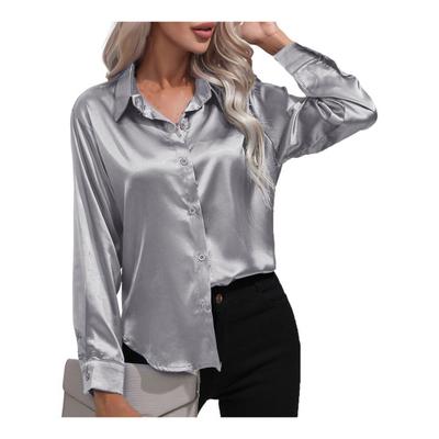 Весенне-летняя однобортная рубашка с длинными рукавами и лацканами, однотонная, свободная посадка, атласная, имитация шелка, для офиса