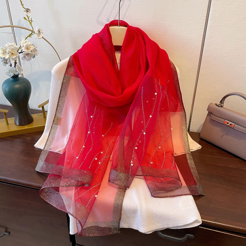 New Fashion and Versatile Solid Color Ethnic Style Veil Scarf Scarf for Women Wavy Pattern Artificial Diamond Iron Scarf for Women