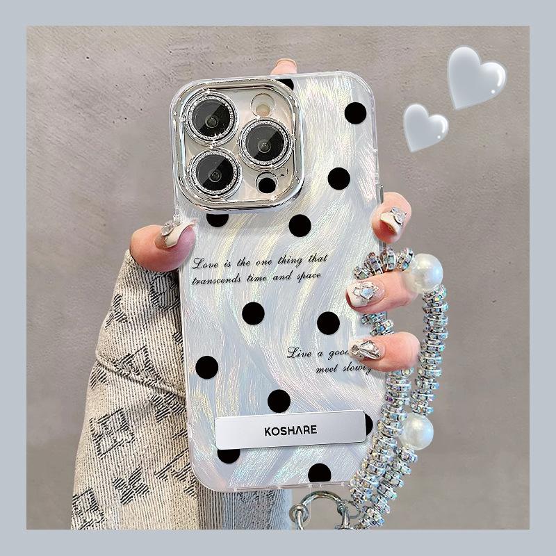 Bow Polka Dot Bracket Bracelet Suitable for IPhone 16 Feather Yarn Apple Phone Case 15promax High-end Sense 14