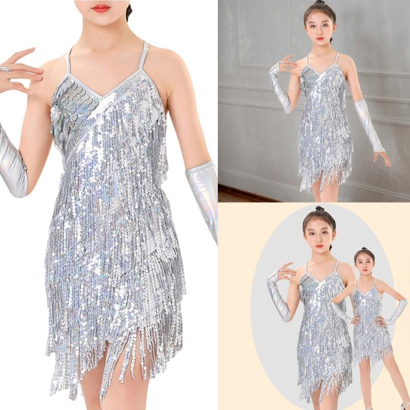Latin Dance Dress Tassels Salsas Dancewear Sequins Fringe Dress Modern Ballroom Cha Cha Dancer Outfits for Kids Girls