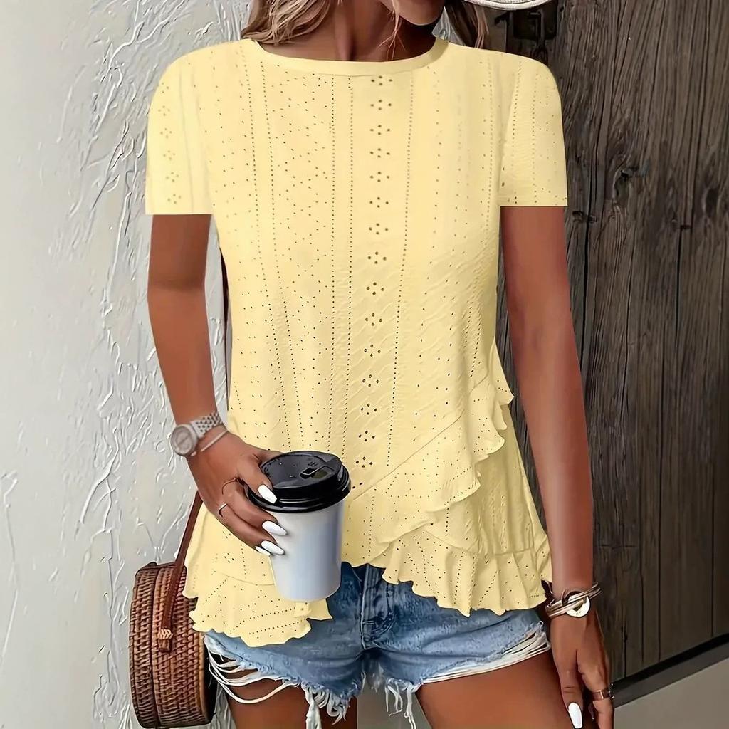 1116 European and American summer new women's fashion large size fashion asymmetrical ruffle hem short sleeves