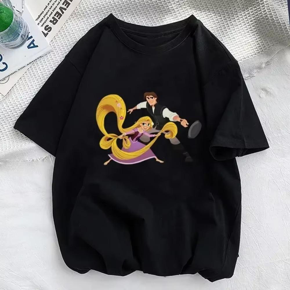 Summer Women T Shirts Kawaii  Cartoon Tangled Rapunzel Pascal Print Harajuku Casual O-neck Men's Short Sleeve Y2k Tops Tee
