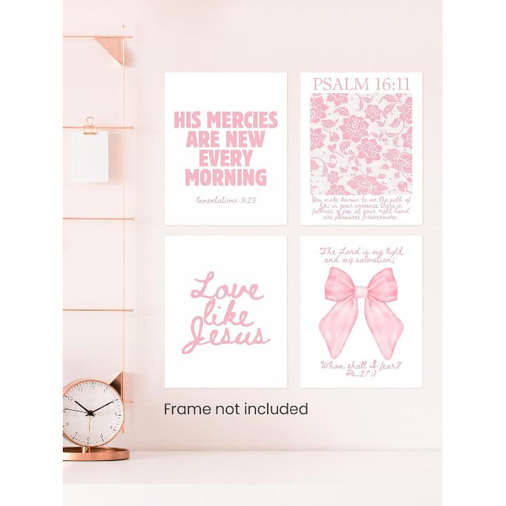 FGFK Girly Pink Christian Wall Art Prints Set of 4, Lamentations 3:23 Psalm 16:11 Psalm 27:1 Bible Verse Preppy Posters Pictures Wall Decor for Girls