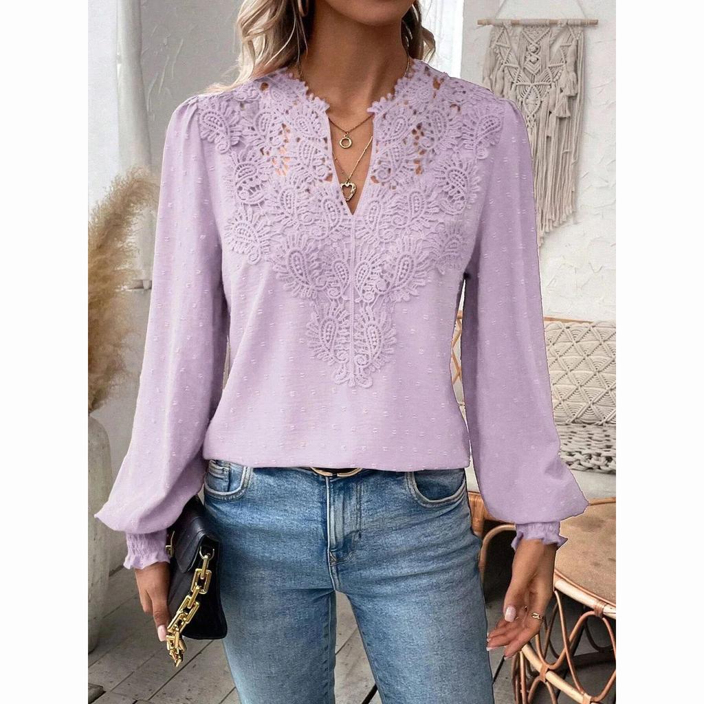 Luxury Lace Hollowed V-Neck Shirt Women Solid Color Long Sleeve Top Office Lady Elegant Daily Blouse