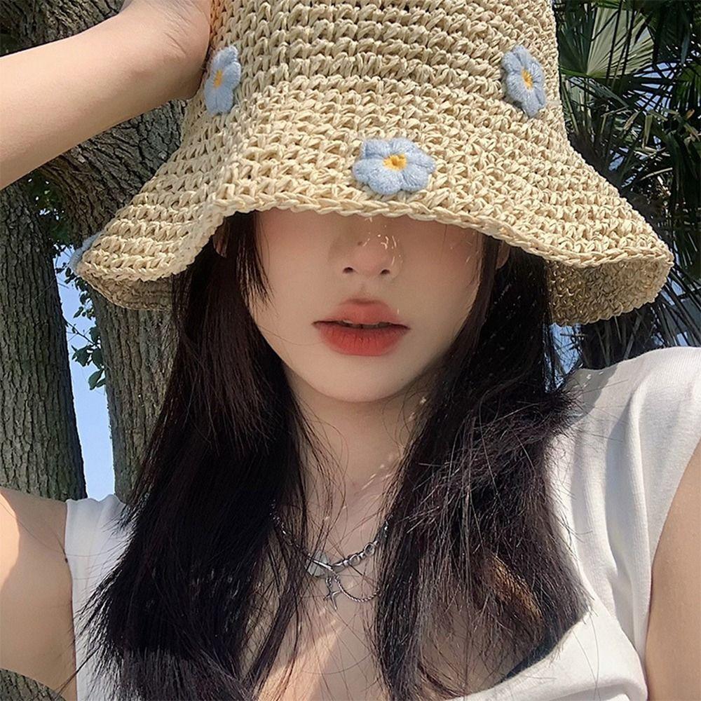 Cap Handmade Weave Sunscreen Beach Hat Flower Flat Hat Sun Protection Straw Hat Sun Hat Sun Cap