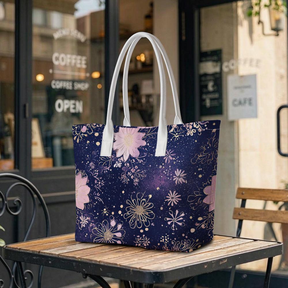 Purple Floral Print Shoulder Bag Casual Fashion Large Capacity Daily Tote Handbag