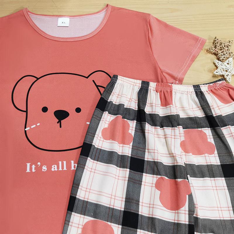 Женский летний пижамный комплект - Круглый вырез, Короткий рукав, Брюки длиной семь восьмых, Удобный повседневный костюм-двойка