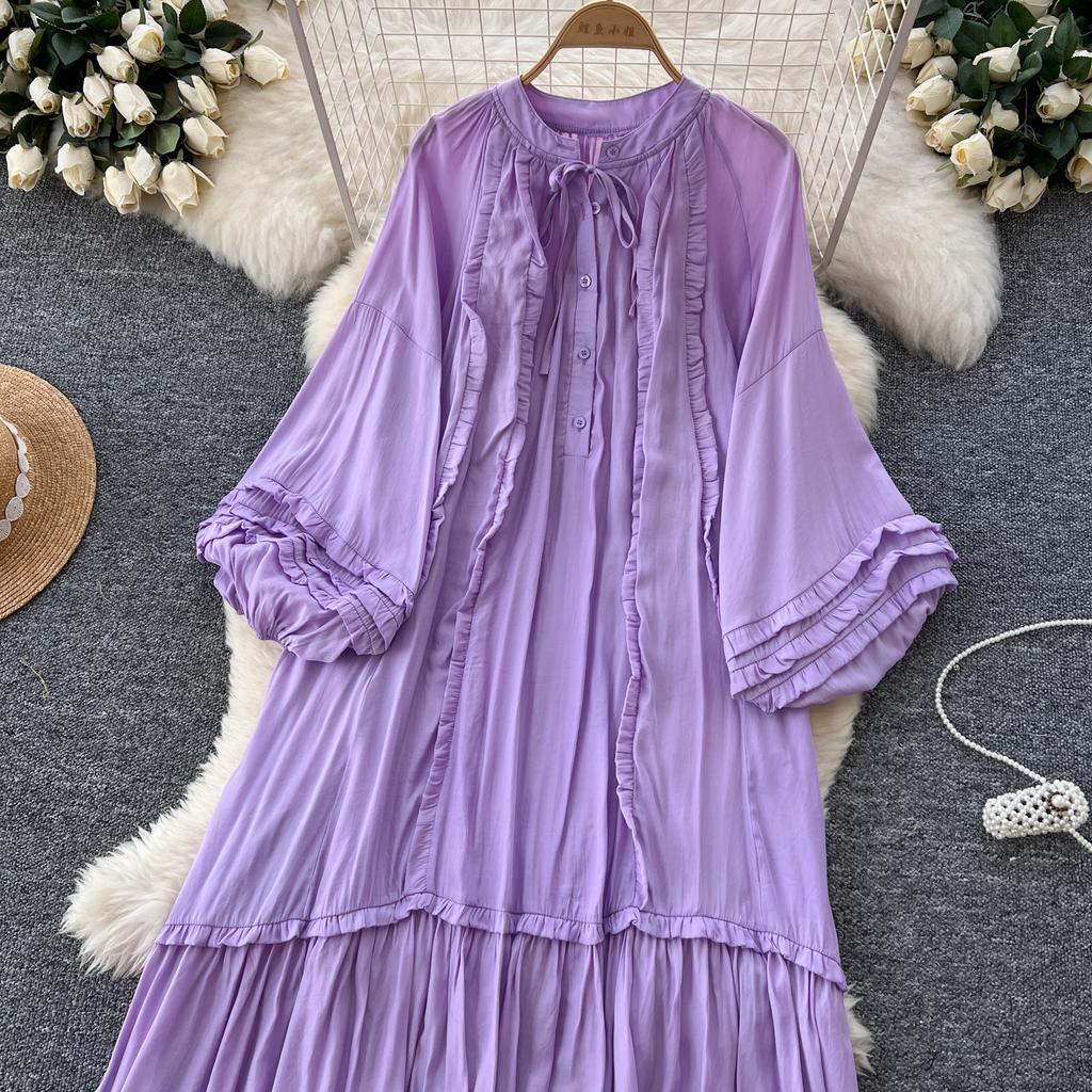 Винтажное однобортное платье с круглым вырезом на шнуровке, модное, с длинными рукавами, элегантное, свободное, с оборками, корейская женская одежда High Street