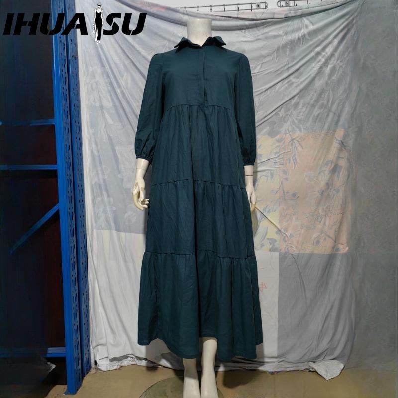 IHUASU Женская мода весна осень сплошной цвет печати с длинным рукавом ПОЛО шеи Высокая талия повседневные платья