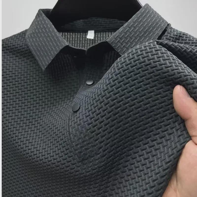 Мужская рубашка-поло: Однотонная модная сетчатая модель Ice Silk с короткими рукавами и воротником-стойкой - коллекция Лето и Осень 2023