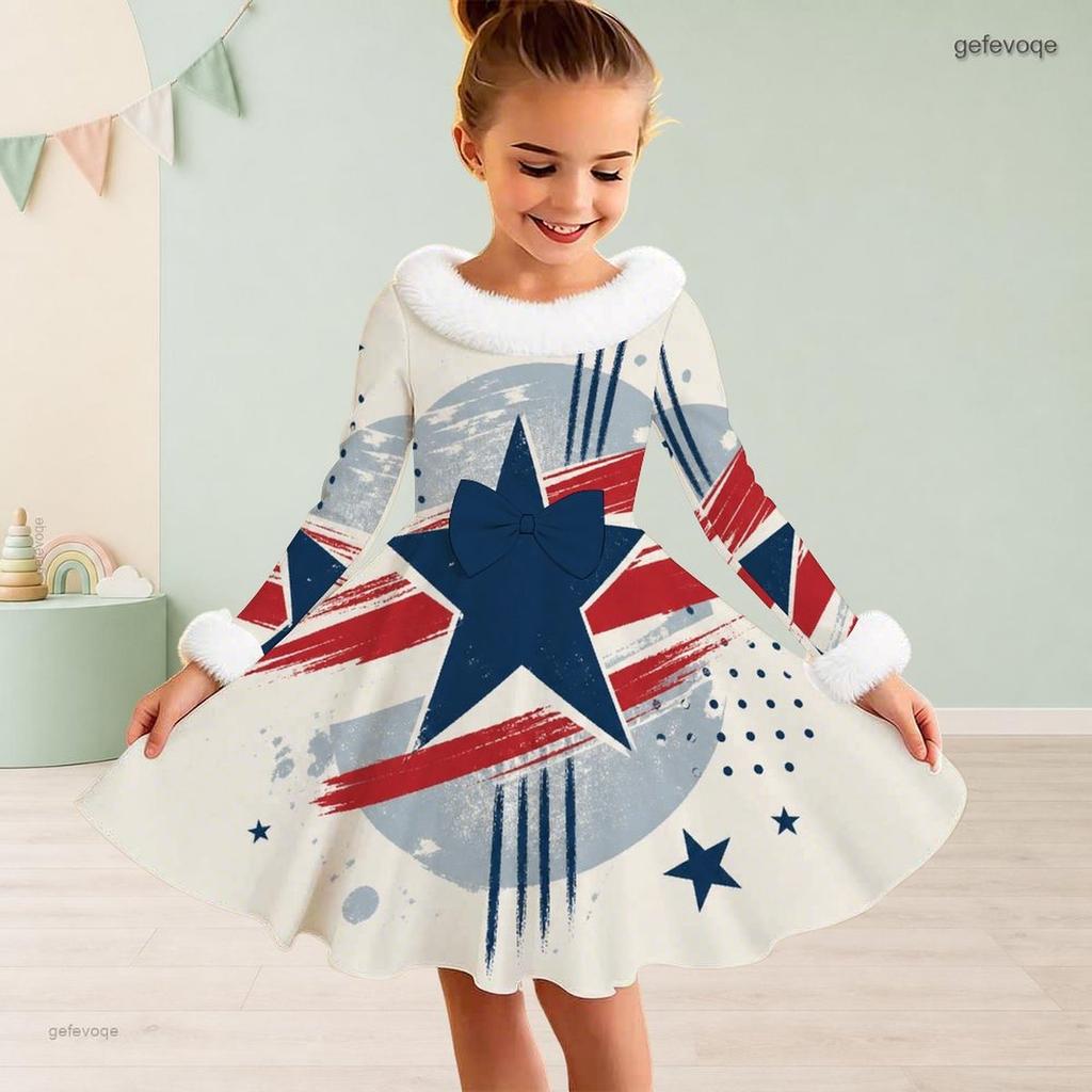 Girls Long Sleeve Star Stripe Printed Dress Fuzzy Collar Cuffs Bow Decor A Line Flared Hem