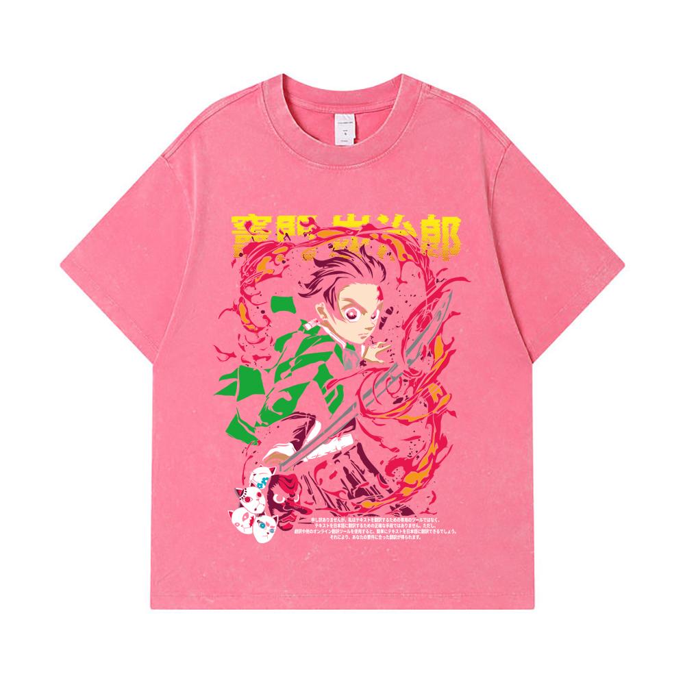 275 GSM Washed T-shirts 100% Cotton Demon Slayer V19 Tanjiro Print Unisex Heavy Cotton T Shirt