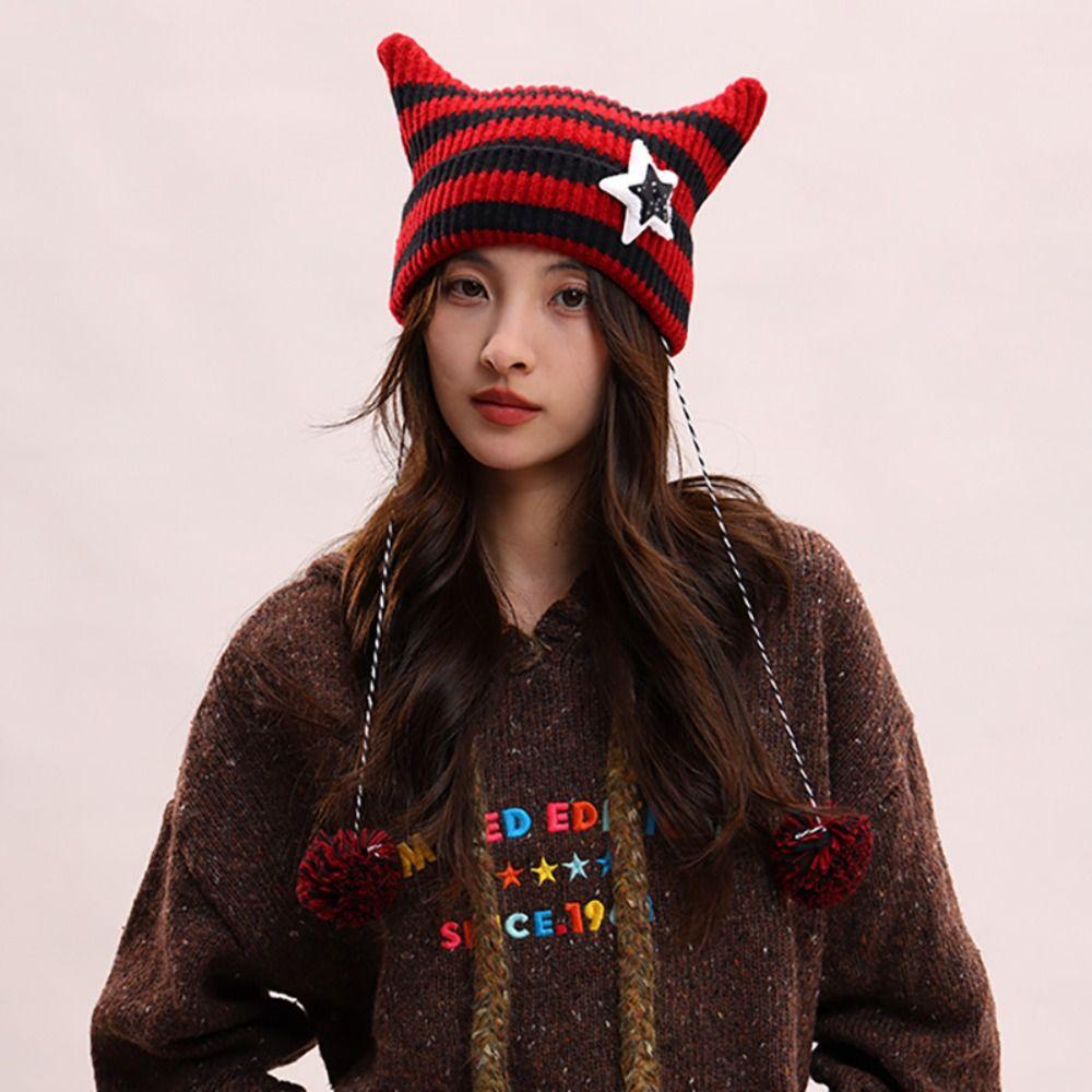 Y2K Slouchy Knitted Beanies Star Woolen Hat Cute Cat's Ears Knitted Hat  Cycling
