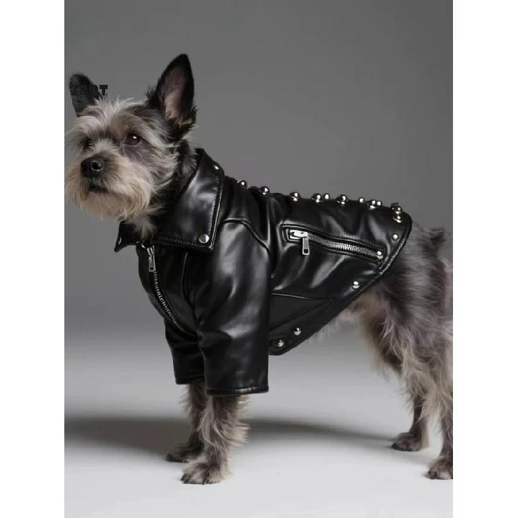 Punk Style Dog Faux Leather Jacket Rivet Decor Lapel Zipper Design Cool Motorcycle Coat Spring Autumn Pet Outfit for Medium Dogs