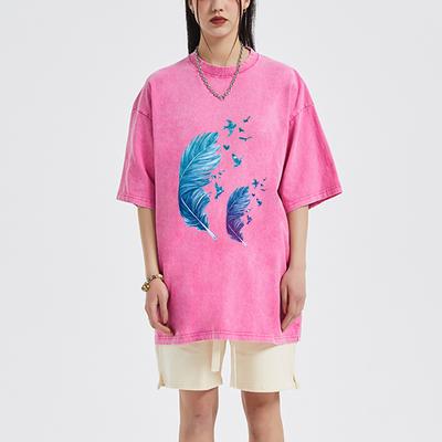 Стираный деним женская цветная коллизия девушки перо абстрактный принт повседневная футболка женские базовые модели круглый вырез