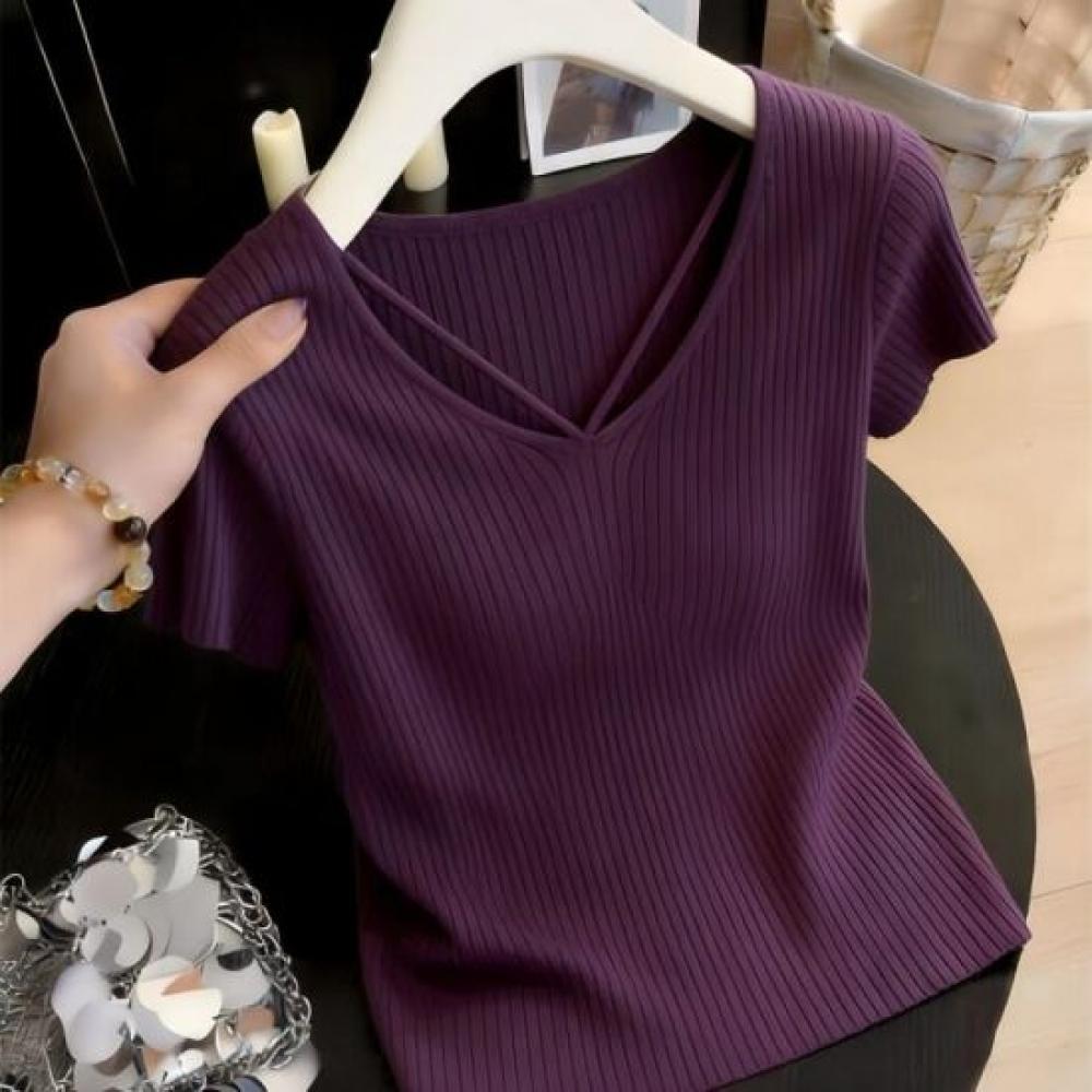 Rellawear Women S Line Point Summer Short Sleeve Knit Purple rSt0006