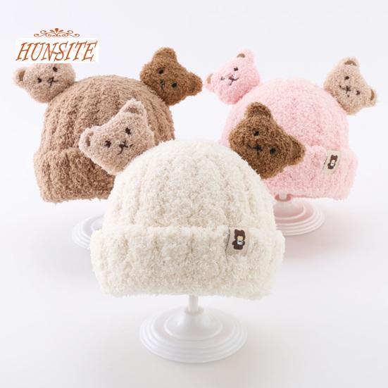 Детская зимняя шапка и шарф, набор, декор в виде медведя, толстый, мягкий, плюшевый, морозостойкий, вязаный, унисекс, накидка на шею, детские зимние аксессуары