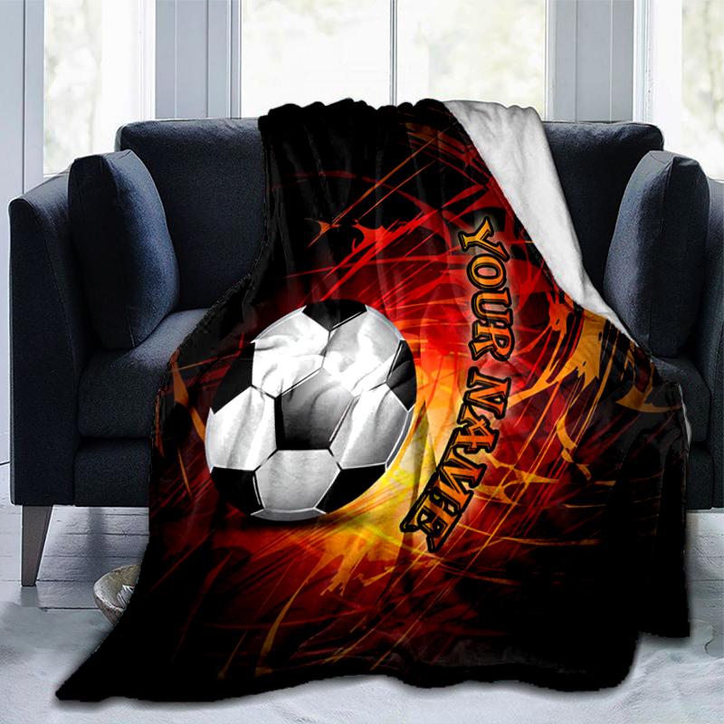 1PC Custom Name Soccer Ball Fire Flannel blankets Patterns Throw Blanket All-Season Soft Gift for Couch, Bed, Camping gifts