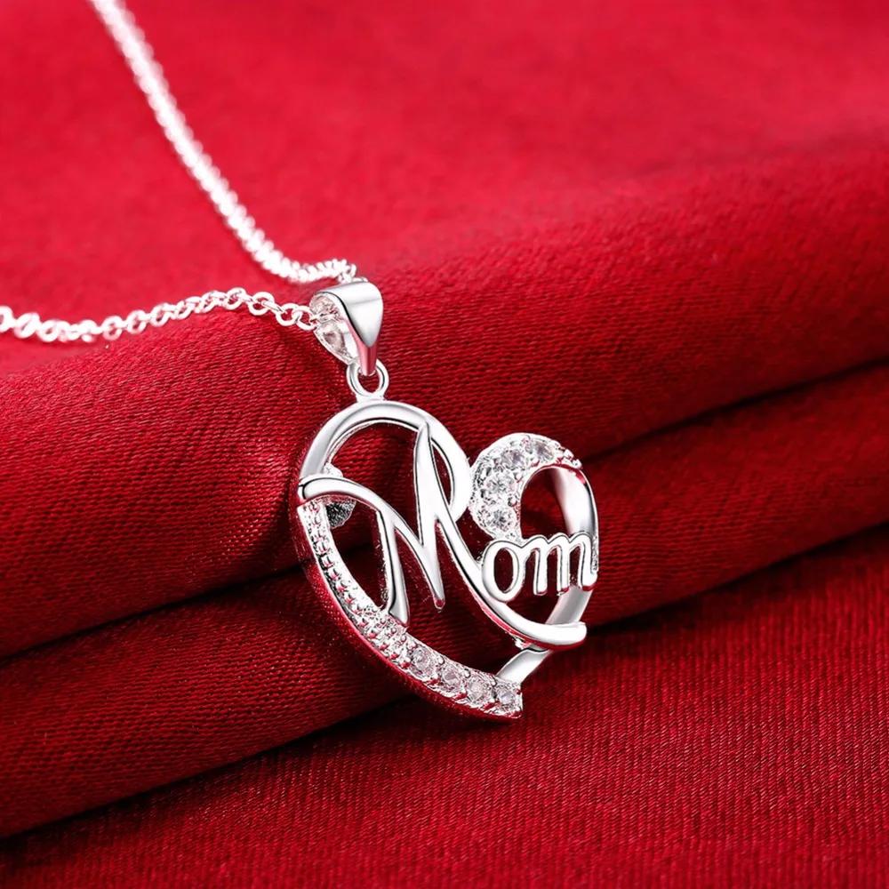 Charms MOM Heart Mother's Day Crystal Sterling Necklace for Women Jewelry Lady Stone Fashion Cute Pendant Accessories