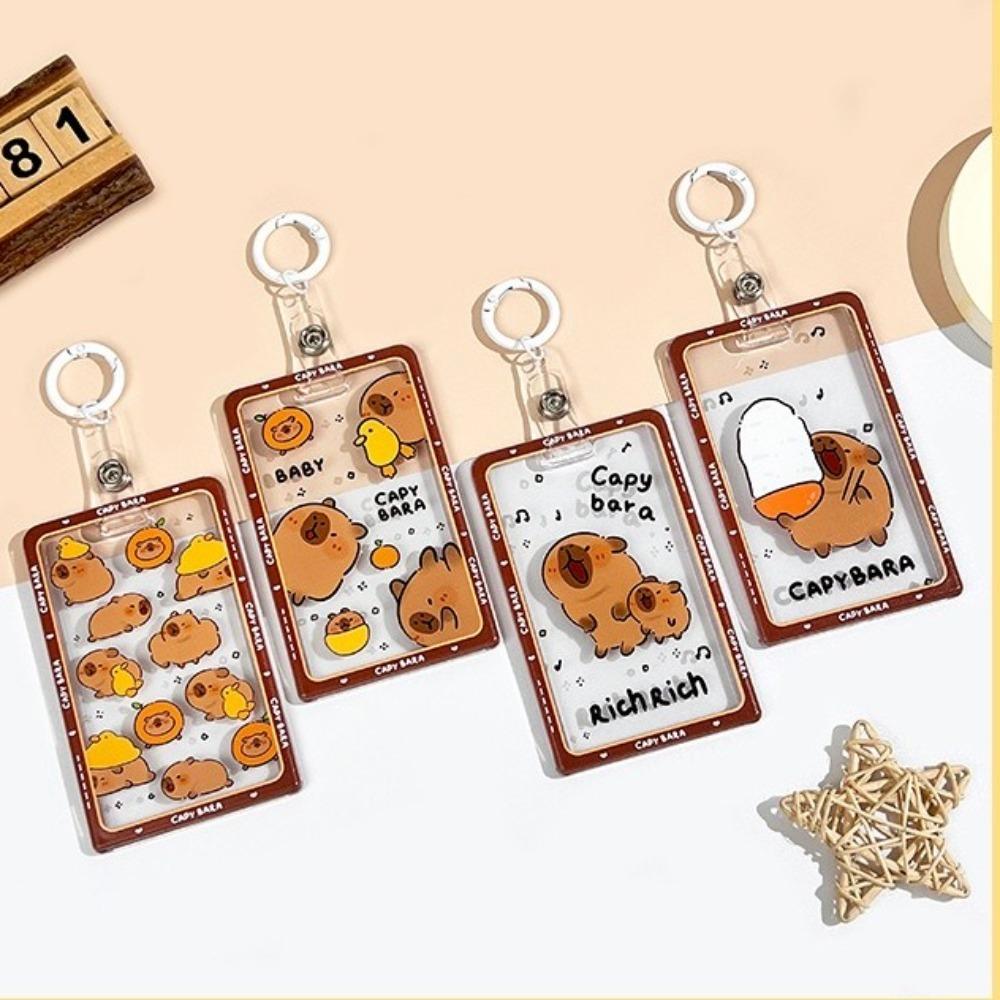 Kawaii Cartoon Capybara Photocard Holder with Lanyard Keychain Photo Protector Case Transparent Card Cover Photo Storage