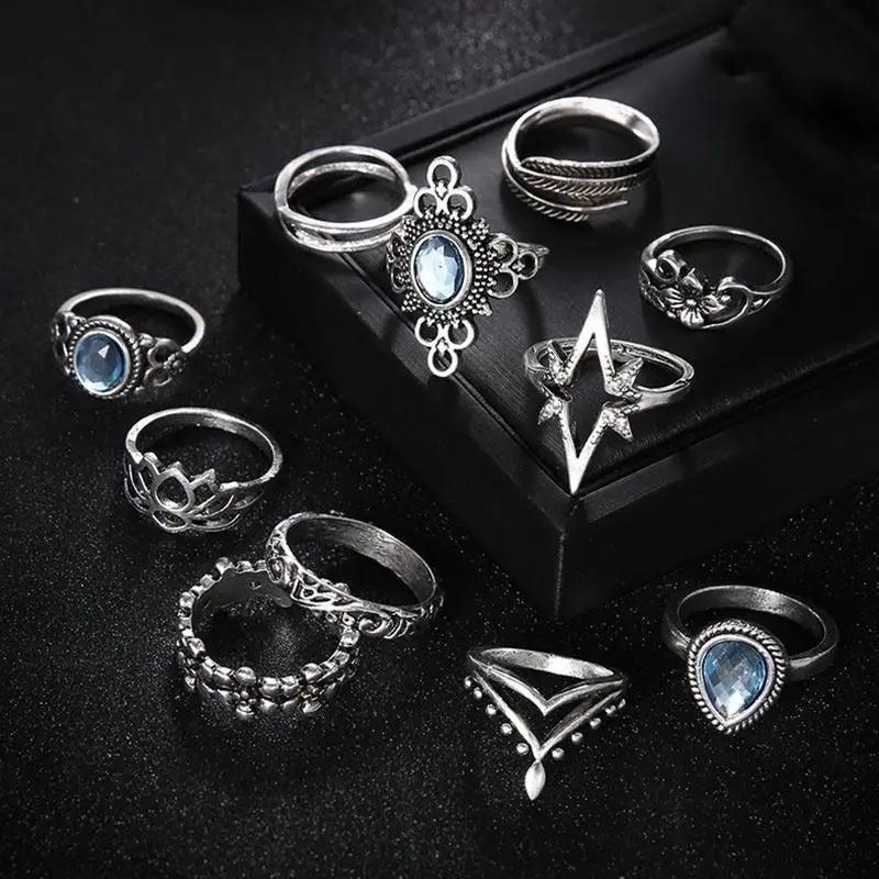Набор колец на палец из 11 шт. Ретро Сапфировые цветы Boho Корона Звезда Резные фаланговые кольца Женские Помолвочные кольца для женщин