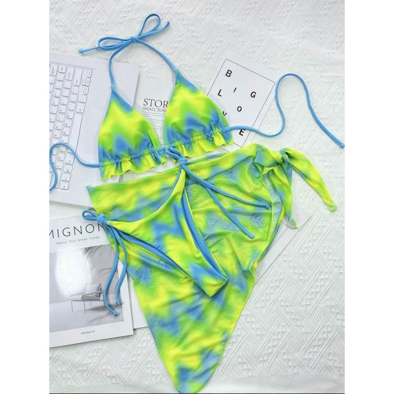 Красочный принт, 3 шт., высокая юбка с завязками, комплект бикини, женский купальник, стринги на шнуровке, купальник, купальный костюм с крестообразным нажатием