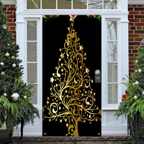 Christmas Door Cover Colorful Print Christmas Door Decoration Backdrop Front Door Decor Holiday Festive Xmas Party Supplies