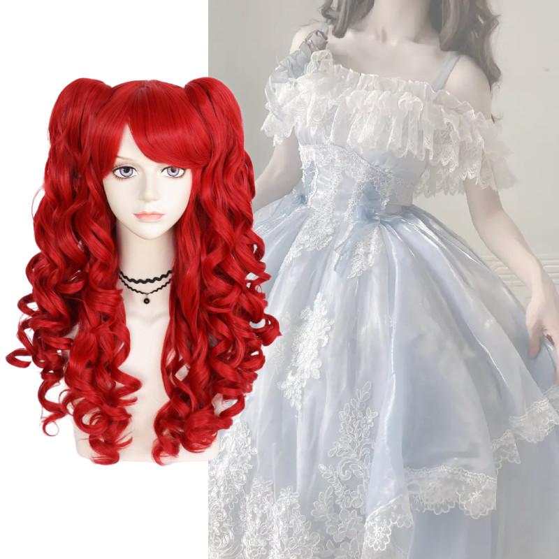 Lolita Cosplay Wig With Double Tiger Clips Red Long Curly Synthetic Hair For Anime Costumes
