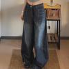 Women's American High Street Washed Dark Blue Scimitar Jeans - Autumn 2024 Loose Wide-Leg Pants