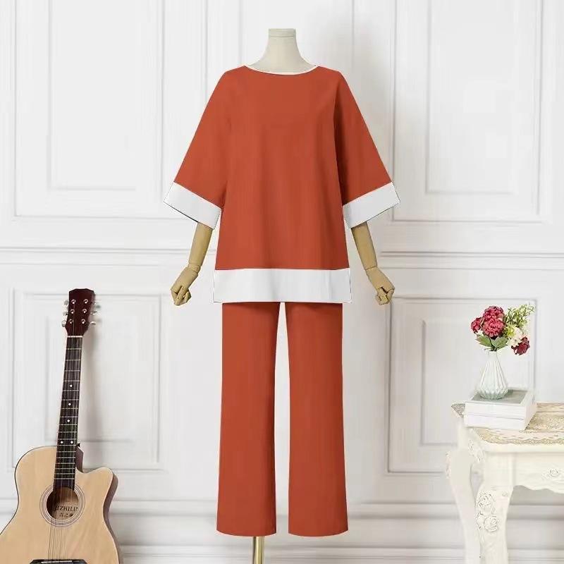 GMXIA Женский свободный повседневный комплект из топа с круглым вырезом, рубашки и прямых брюк большого размера