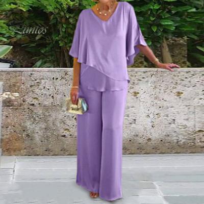 2 шт./компл., женский топ, брючный костюм, V-образный вырез, рукав «летучая мышь», неровный подол, чистый цвет, свободная дышащая мягкая повседневная одежда с широкими штанинами, летняя весенняя футболка для мамы