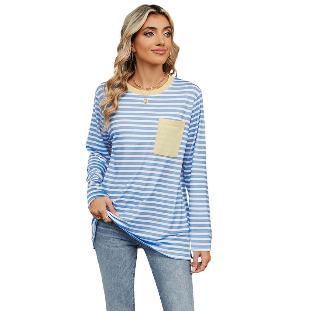 Женский повседневный топ с круглым вырезом и длинными рукавами в полоску с принтом