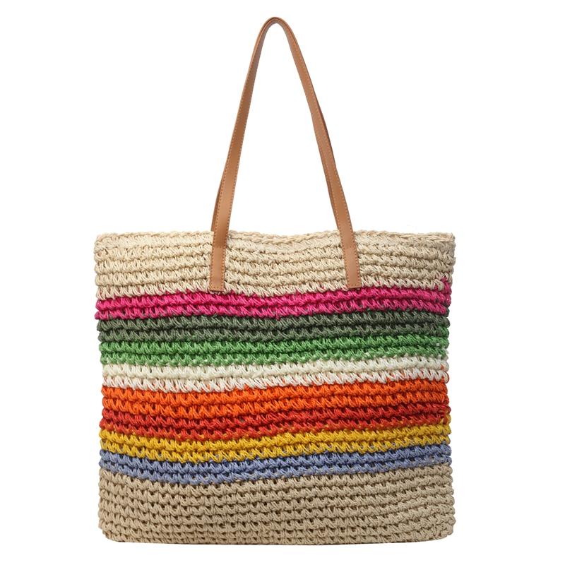 Straw Braid Large Capacity Shoulder Bags 2024 Fashion Casual Rainbow Color Matching Bags for Women High Quality Summer Style