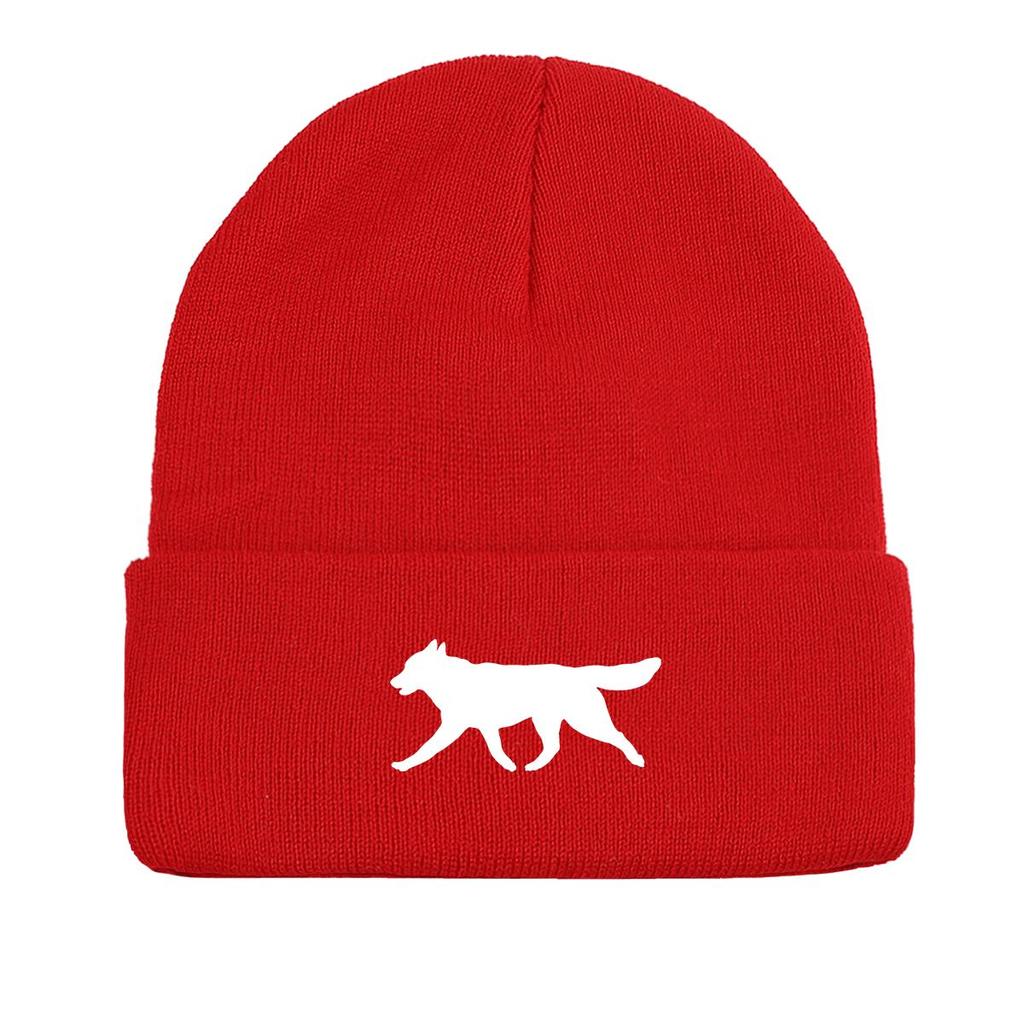 White Wolf Dog Print Knitted Cap Beanie, Animal Man Cap Lightweight Elastic Casual Bobble Hat Knit Hat Beanie