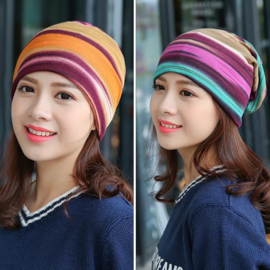 Women Stretchy Striped Turban Head Wrap Band Chemo Hat Bandana Pleated Cap