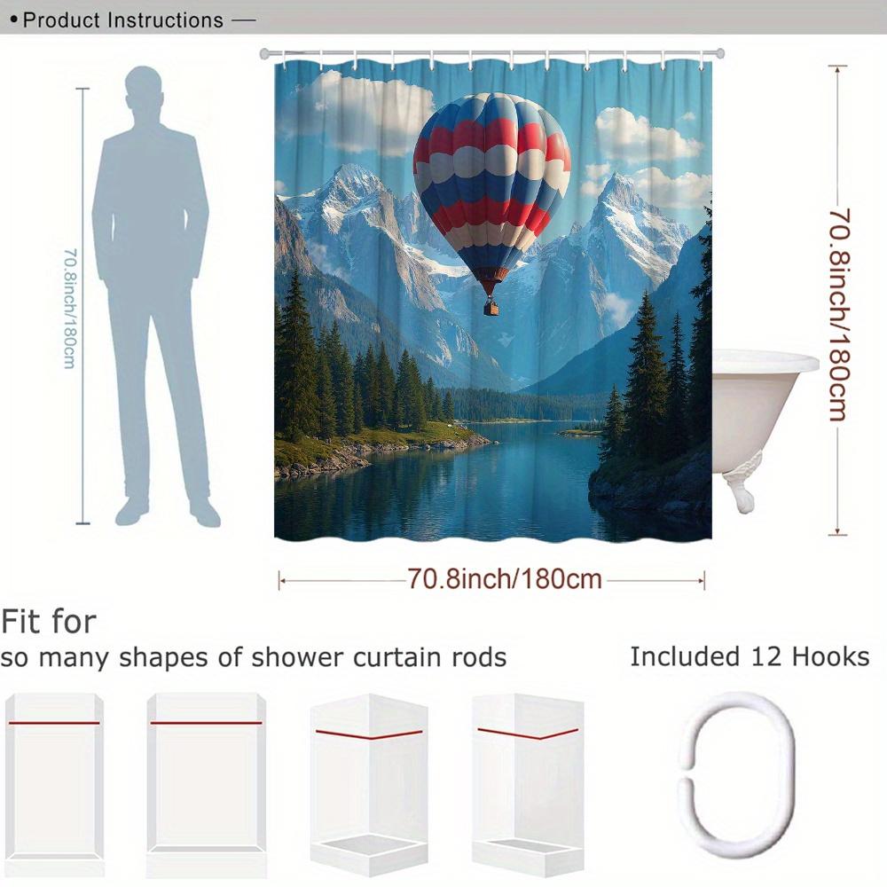 Hot Air Balloon Shower Curtain Mountain Lake Landscape Print Polyester Bath Curtain With Hooks For Nature Adventure Decor