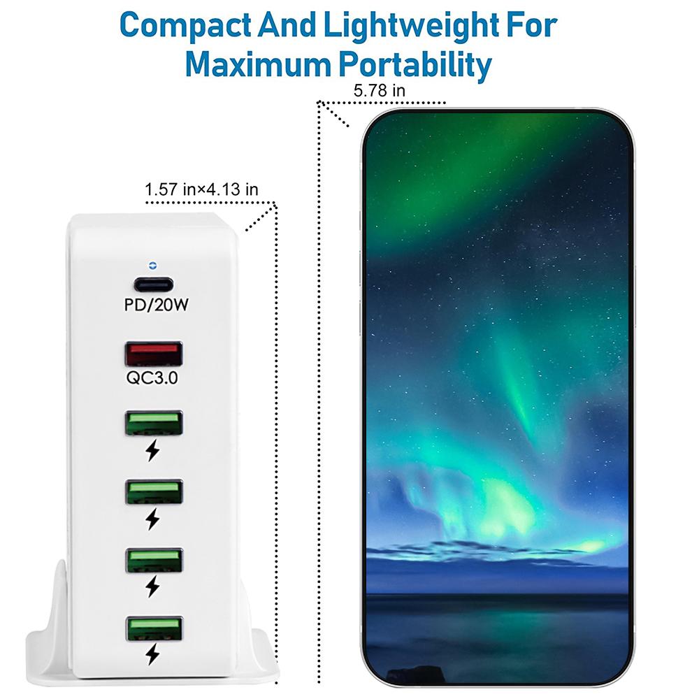 65 Вт 6-портовая зарядная станция USB C Многопортовый концентратор Портативное зарядное устройство PD3.0 и QC3.0 Fast USB C
