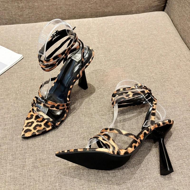 Fashion New Sexy Leopard Print Pointed Toe Slingback Sandals Women Summer Open Toe Buckle Strap Gladiator High Heels Party Dress Shoes