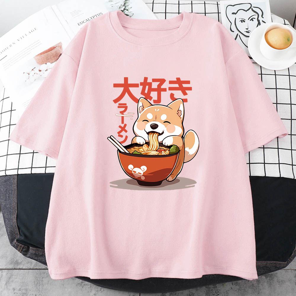 Shiba Inu Enjoying Ramen T-shirts 100% Cotton High Quality Summer Tee-shirt Casual Women/Men Kawaii Tshirt Cute Girls Shirts