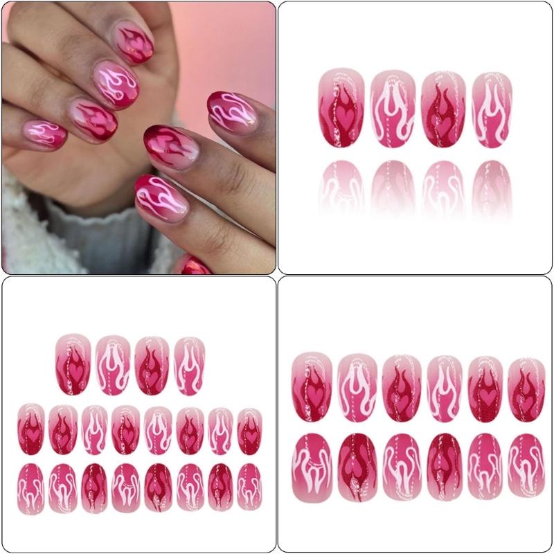 24pcs Short Press On Nail With Heart Flame Designs Acrylic False nail For Women And Girls Easy To Apply And Remove