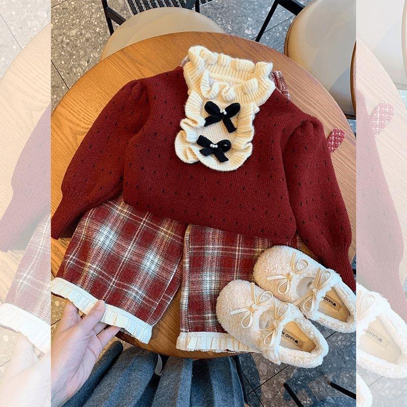 Girls Winter Outfit 2026 Baby Girl Bow Sweater Fleece Jeans 2 Piece Set Toddler Warm Clothes