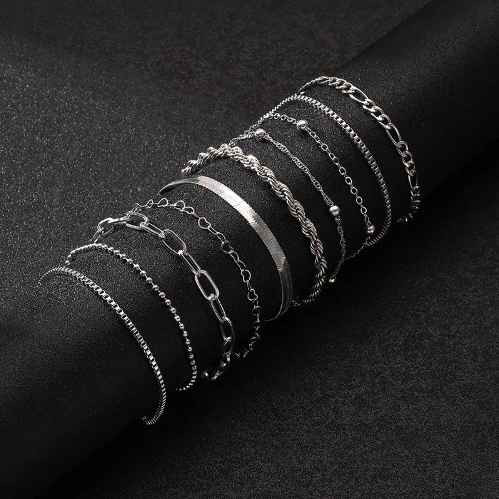 10Pcs/set Vintage Style Snake Chain Bracelet Flat Chain Multi-layer Bracelet  Casual Wear