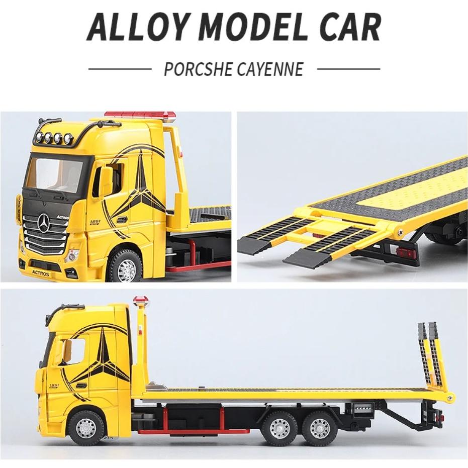 1/24 Scale Large Benz 1851 Flatbed Trailer Alloy Model Car Diecast Vehicle Collection Simulation Sound and Light Toys Gifts For Kids