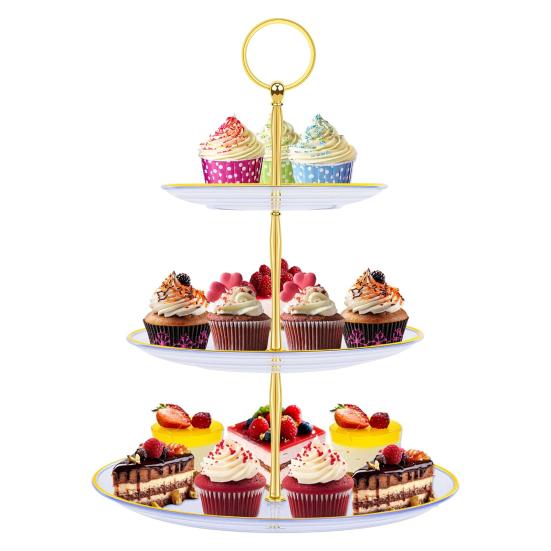 3-х уровневая подставка для кексов, чашка с золотыми краями, чашка для торта, десертная башня, пластиковый многоуровневый поднос, металлический стержень, украшение для детского душа, свадьбы, дня рождения