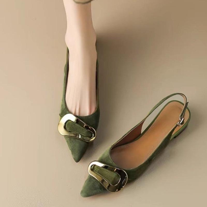 2024 Women's Pointed Toe Comfortable Low Heel Metal Decorative Buckle Strap Shallow Elegant High Heel Sandals